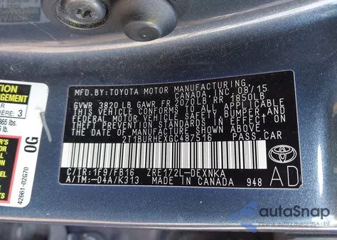 2016 Toyota Corolla Le z USA, uszkodzony, nr VIN 2T1BURHEXGC487516